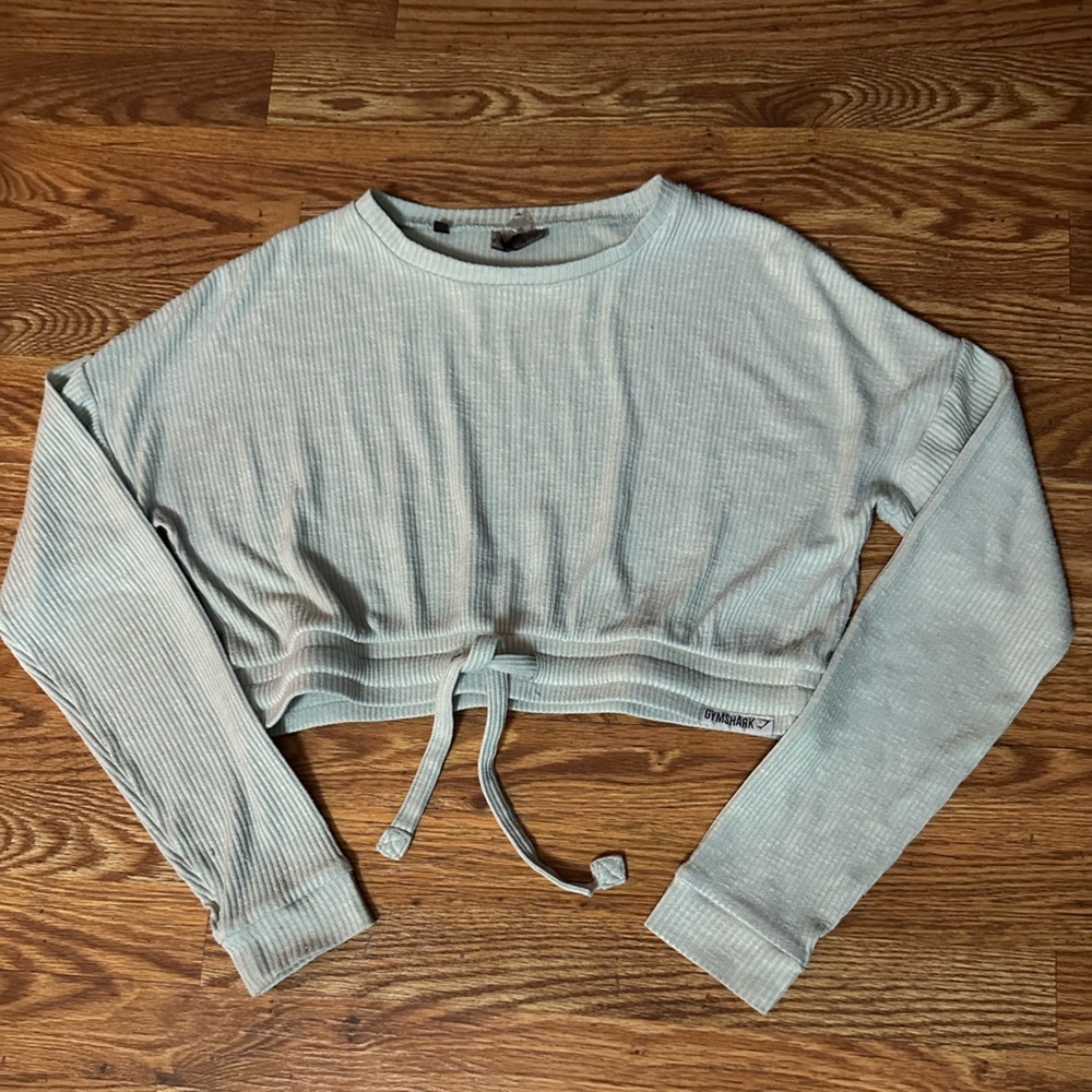 GYMSHARK I Women's Crop Mint Long Sleeve Ribbed Drawstring Shirt Size M